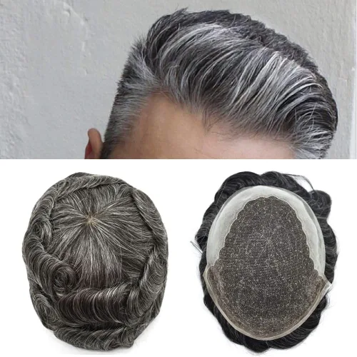 Miniatura 42 de Toupee para hombres, sistema de reemplazo de cabello humano Remy, nudos blanqueados, encaje frontal, piel fina, para hombre, color gris, pelucas