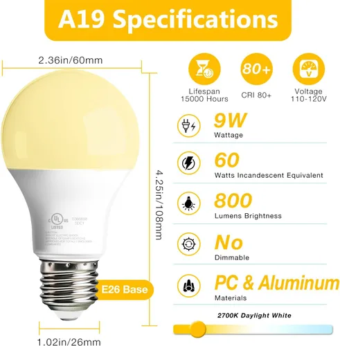 Miniatura 2 de dalattin Paquete de 24 bombillas LED de color blanco suave de 2700 K, equivalente a 60 W, bombillas estándar A19, base E26, 800 LM, ahorro de blanco