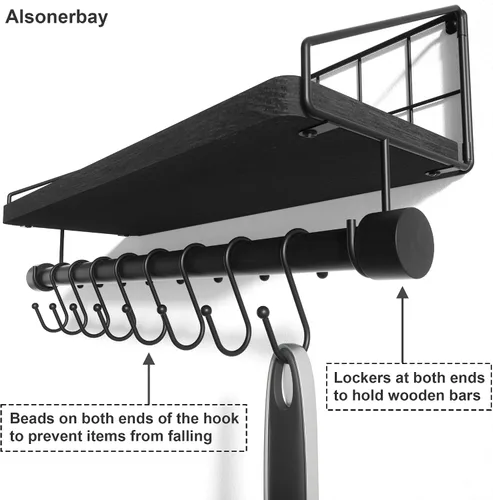 Miniatura 6 de Alsonerbay Estantes flotantes de pared para dormitorio, estantes de baño montados en la pared con toallero, estante de madera rústica de cocina