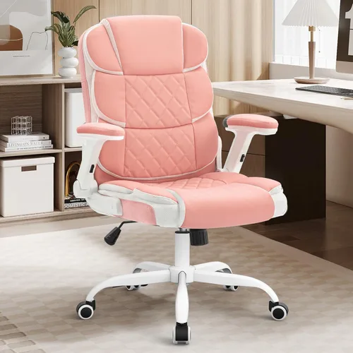 Miniatura 8 de SEATZONE Silla ergonómica de oficina de piel sintética rosa, silla de computadora con ruedas y brazos abatibles, silla giratoria con ruedas