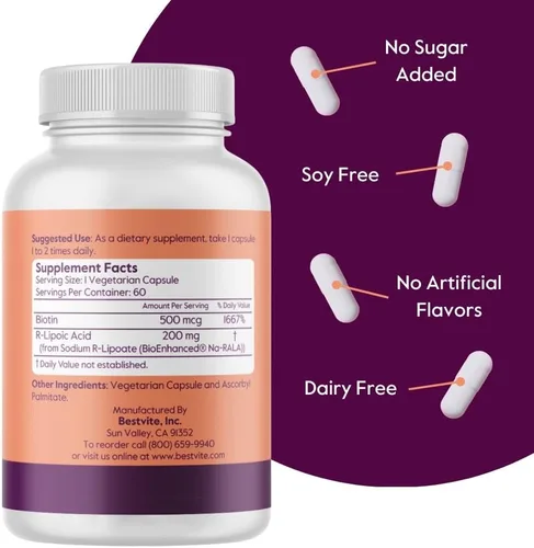 Miniatura 3 de BESTVITE Ácido R-lipoico de 200 mg estabilizado con Na-RLA bio-mejorado (60 cápsulas vegetarianas) - Sin estearatos - Sin rellenos - Vegano - Sin