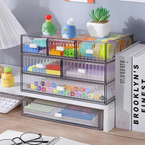 Miniatura 7 de Organizador de Escritorio Apilable de 3 Niveles con 6 Cajones, YOCOMEY Caja de Almacenamiento de Escritorio de Plástico con Cajones, Organizador