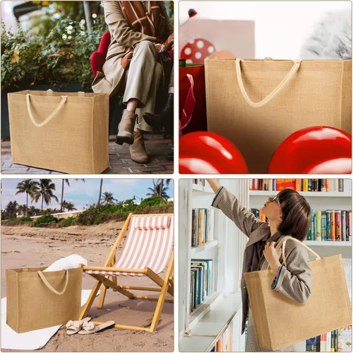 Miniatura 7 de Segarty Bolsa de arpillera, paquete de 6 bolsas grandes reutilizables de lona de yute con asas, bolsas de mano en blanco a granel para damas