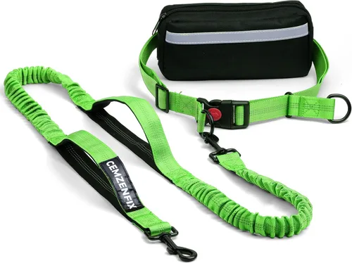 Miniatura 7 de Correa de perro manos libres con cinturón – Bungee sin tirones, asas acolchadas dobles y bolsa con cremallera para correr, caminar y entrenar