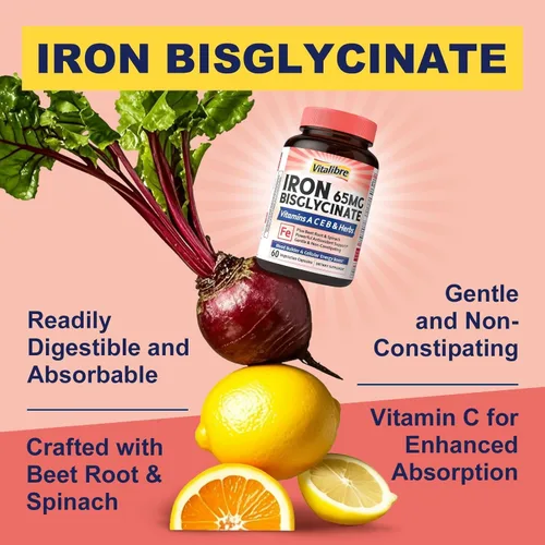 Miniatura 2 de Vitalibre Suplemento de hierro para mujeres y hombres, bisglicinato de hierro, 65 mg de hierro elemental, sin estreñimiento, con vitaminas C, B6