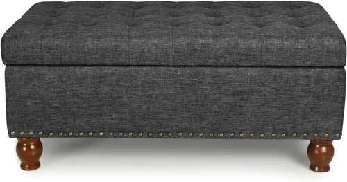Miniatura 11 de Adeco Otomana de almacenamiento, banco tapizado rectangular de piel sintética con patas de madera, reposapiés, mesa de café para sala de estar, Negro
