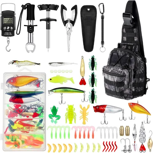 Miniatura 13 de Sosation 134 Piezas Herramienta de Pesca Herramienta de Pesca y Equipo Regalo para Adultos, Removedor de Anzuelos, Kit de Alicates, Mochila Caqui