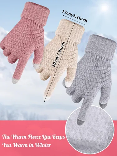 Miniatura 3 de Juego de 6 guantes de invierno, 3 sombreros de punto de invierno y 3 pares de guantes cálidos para pantalla táctil para mujeres y hombres al aire