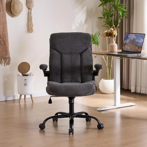 Miniatura 8 de Silla de Oficina Ejecutiva, Silla de Computadora Cómoda de Tela Ergonómica con Reposabrazos Abatibles, Soporte Lumbar, Función de Giro 360° y Gris