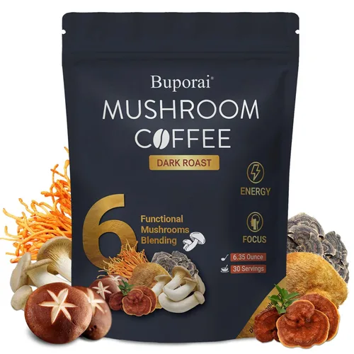 Café de hongos tostado oscuro, café instantáneo de hongos con 6 hongos melena de león, cordyceps, cola de pavo y otros para energía, concentración,