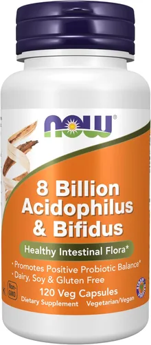 NOW Foods Suplementos, 8 mil millones de acidophilus y bifidus, libres de lácteos, soya y gluten, cepa verificada, 120 cápsulas veganas