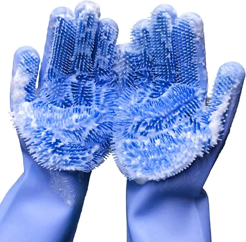 Guantes de silicona para lavar platos, guantes de goma para el aseo de mascotas para fregar platos, lavado con esponja con estropajos (34,5 cm de