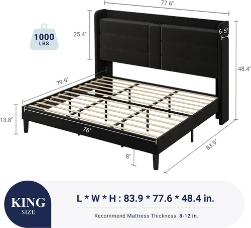 Miniatura 2 de Allewie Base de cama de plataforma tamaño King con estación de carga y cabecera de almacenamiento, diseño tapizado de terciopelo con respaldo y Negro