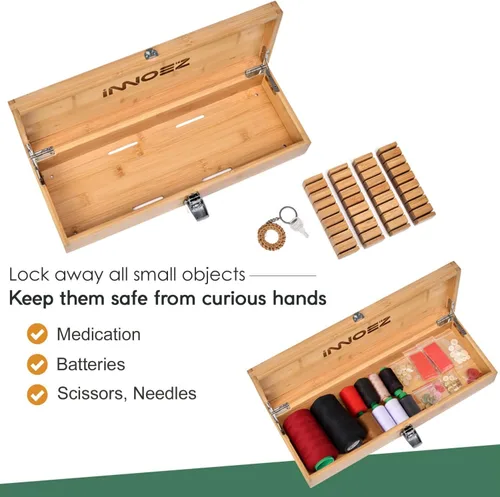 Miniatura 7 de Caja de seguridad de bambú para cuchillos de cocina, organizador de cajones de cuchillos, caja de almacenamiento con cerradura y llave para mantener
