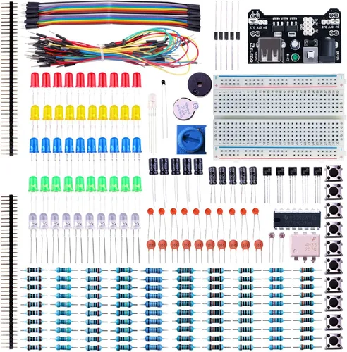 ELEGOO Paquete de kit electrónico divertido con resistencia de cable Breadboard, condensador, LED, potenciómetro total 235 artículos para Arduino