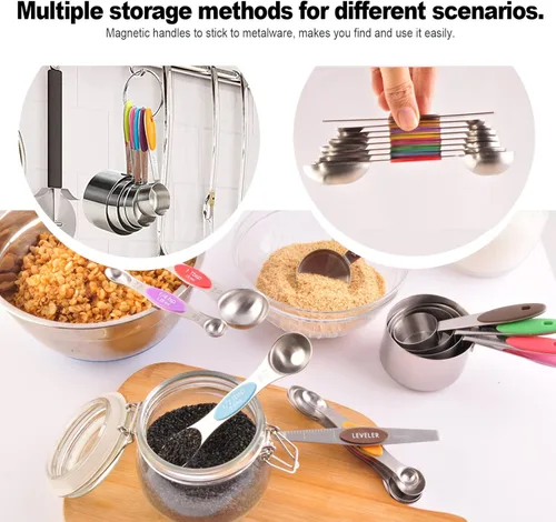 Miniatura 7 de EDELIN Juego de tazas medidoras y cucharas medidoras magnéticas, acero inoxidable, 5 tazas y 7 cucharas (multicolor)