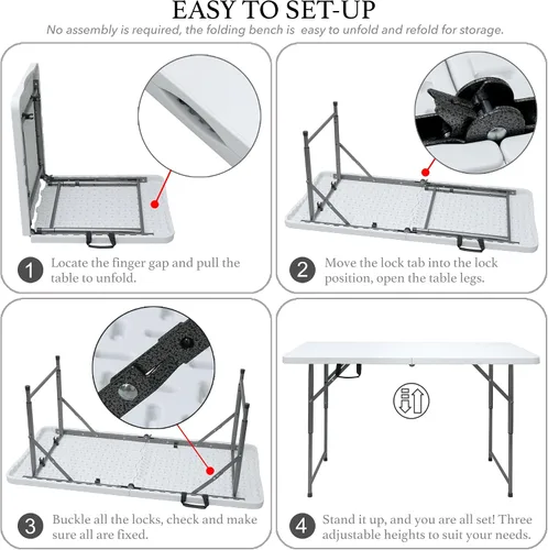 Miniatura 8 de Mesa plegable de 4 pies, mesa plegable resistente para exteriores, perfecta para camping, picnic, fiestas, mesa plegable duradera con fácil Blanco