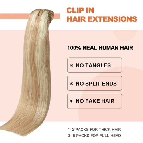 Miniatura 3 de UGOTRAYS Extensiones de cabello humano real de color rubio fresa a rubio decolorado, 12 pulgadas, lacio, doble trama, cabello Remy con clip, 2.47