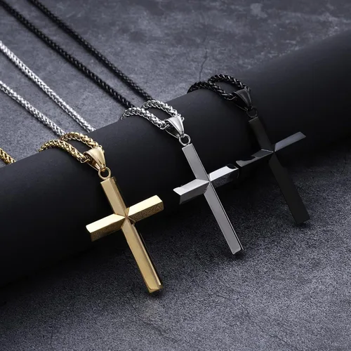 Miniatura 5 de P.Blake - Collar de cruz con borde biselado para hombres y niños, cadena de acero inoxidable con colgante de cruz para hombres y niños