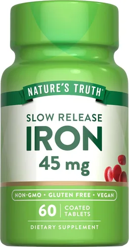 Nature's Truth Suplemento de hierro | 45 mg | 60 píldoras | Sulfato ferroso | Vitaminas sin OMG y sin gluten para hombres y mujeres