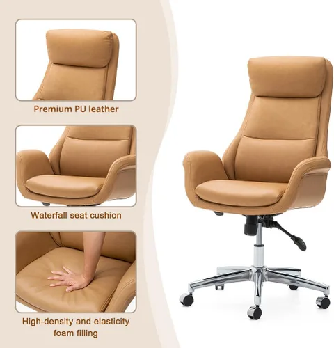 Miniatura 8 de Glitzhome Silla de oficina ejecutiva moderna, silla de escritorio ergonómica de piel sintética con respaldo alto, silla de oficina giratoria