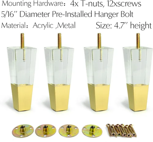 Miniatura 3 de Juego de 4 patas acrílicas de repuesto para muebles, patas de sofá, decoración moderna y transparente, patas cuadradas (4.7 pulgadas cuadradas)