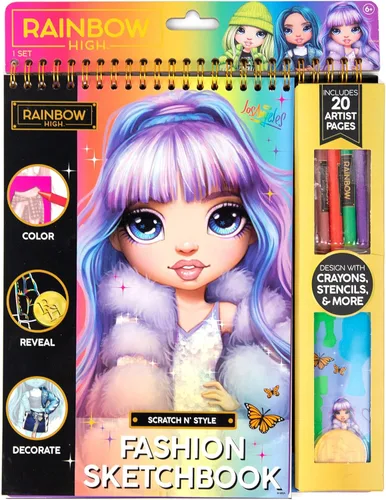 Miniatura 8 de Horizon Group USA 210933 - Cuaderno de bocetos de moda Rainbow High Scratch 'n Style, arte para rascar, libro para colorear, incluye plantillas