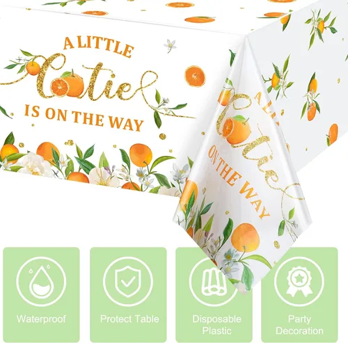 Miniatura 4 de Tegeme Mantel Little Cutie de plástico desechable para baby shower, cumpleaños, decoración de mandarina, 54 x 108 pulgadas (paquete de 3)