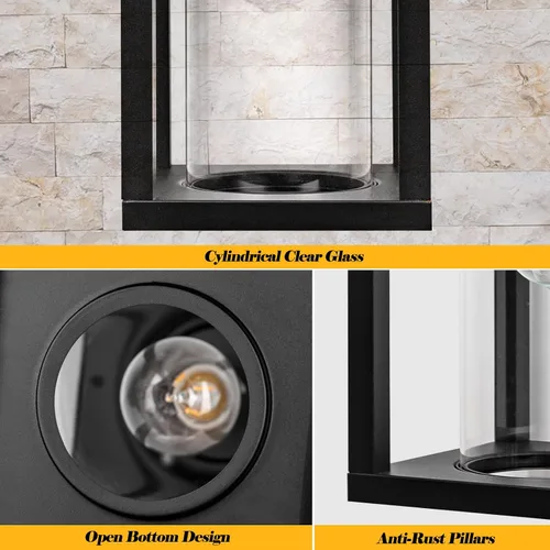 Miniatura 6 de Lámpara de porche de 17 pulgadas, grande, color negro, con vidrio transparente cilíndrico, IP65, impermeable, lámpara exterior para casa y exterior