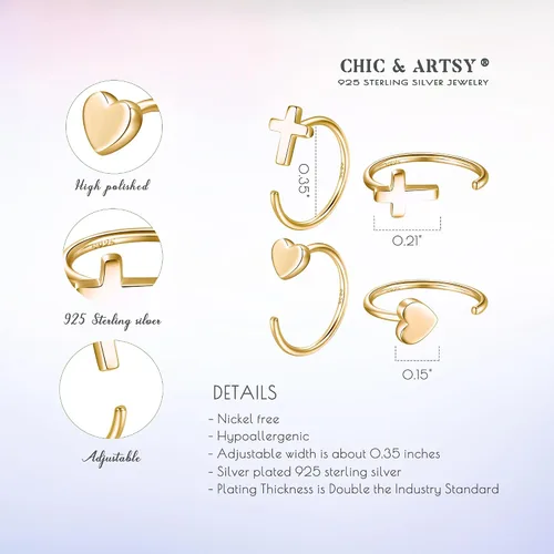 Miniatura 5 de CHIC & ARTSY Aretes de aro de plata de ley 925, pequeños aretes de aro de bola, barra, estrella, luna, corazón, cruz, punto, triángulo, medio aro