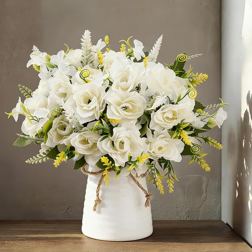 Miniatura 10 de LESING Flores artificiales con jarrón para centros de mesa, flor de gardenia de seda falsa en decoración de jarrón para fiesta en casa oficina (rosa)