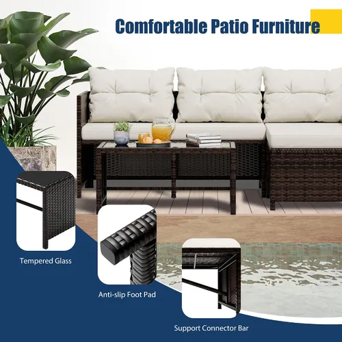 Miniatura 5 de Vongrasig Juego de muebles de patio de 3 piezas, sofá seccional de mimbre PE para todo tipo de clima, juego de conversación pequeño para Beige