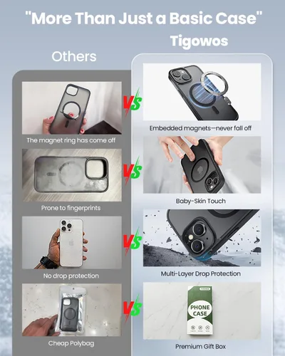 Miniatura 2 de Tigowos - Funda magnética para iPhone 15, resistente a las caídas, sensación de piel mate, a prueba de golpes, delgada, negro mate