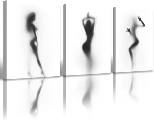 Arte de pared para decoración de baño, 3 piezas, arte de pared en blanco y negro, pósteres sexys, impresión en lienzo, pintura de silueta nebulosa,