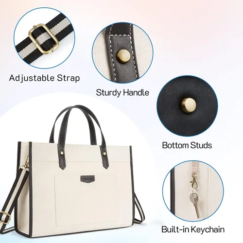 Miniatura 5 de Missnine Bolsa de lona para laptop de 15.6 pulgadas, bolsa de hombro de trabajo, maletín casual para viajes, oficina, universidad