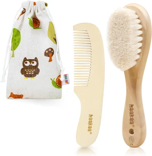haakaa Juego de cepillo y peine para el pelo del bebé para recién nacidos y niños pequeños, cerdas de lana suave natural y mango de madera, arregla