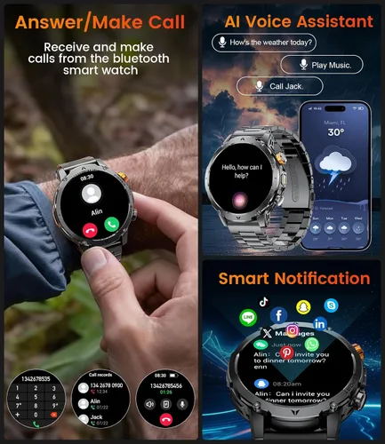 Miniatura 4 de LIGE Relojes inteligentes militares para hombres (3 bandas), batería de 1000 mAh, reloj inteligente de pantalla grande HD de 1.7 pulgadas