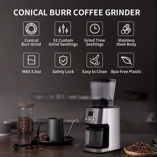 Miniatura 5 de Molinillo de café de rebabas de acero inoxidable con 51 ajustes de molienda, temporizador de molienda, molinillo de café eléctrico para café