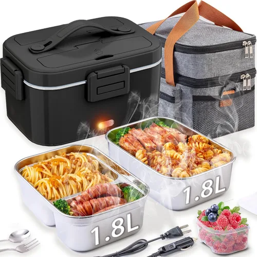 Miniatura 11 de Nifogo 100W Heated Bowl for Car and Truck and Office Electric Lunch Box 3 in 1 Stainless Steel 12 V 24 V and 230 V – Lunch Box 1.5 L x 2 with Grey