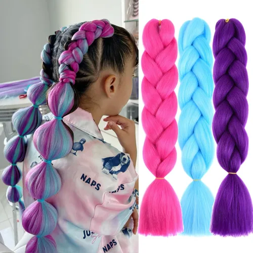 Miniatura 9 de Paquete de 3 extensiones de cabello trenzado de colores de 24 pulgadas, extensiones de cabello sintético para trenzar, morado, verde, amarillo