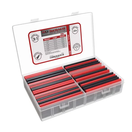 Kit termorretráctil marino adhesivo de doble pared, 130 unidades, relación de encogimiento 3:1, negro y rojo