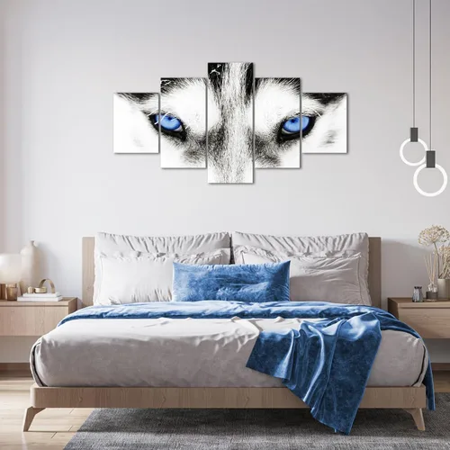 Miniatura 3 de Lienzo grande de 5 piezas de arte de pared de lobo blanco y negro, ojos azules, cara de animal, cabeza de animal, pintura abstracta para sala