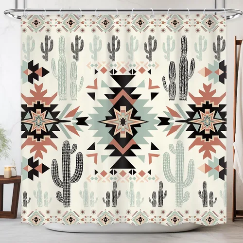 Miniatura 17 de Newsely Cortina de Ducha Pequeña para Caseta RV Occidental Azteca de Cactus 36Wx72H Pulgadas Campista Suroeste Boho Geométrica Étnica Cortina