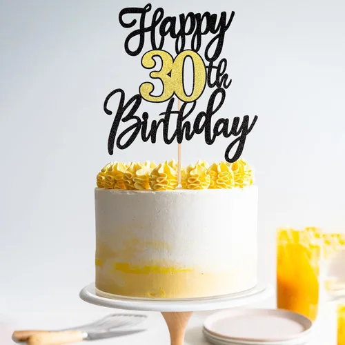 Miniatura 4 de 1 pieza de decoración para pastel de feliz cumpleaños número 30, negro dorado con purpurina, brindis por 30 años, palillo para pastel de cumpleaños