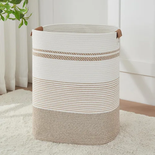 Miniatura 22 de AINUOQI Cesta de Ropa Sucia Grande Cesta de Lavandería con Asas de Cuero, Cesta de Almacenamiento Decorativa de Cuerda de Algodón Tejida para Yute
