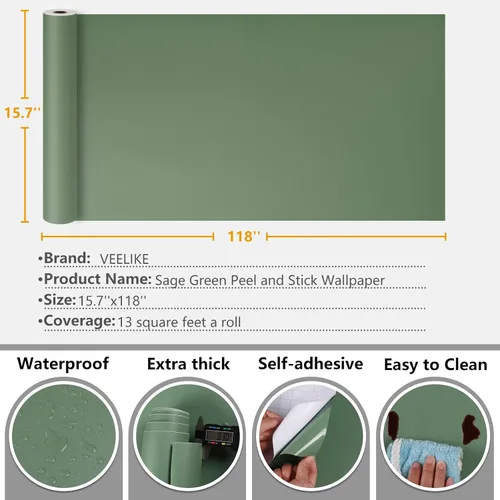 Miniatura 8 de VEELIKE Papel de Contacto Verde Salvia Grueso de 15.7''x118'' para Gabinetes y Paredes, Despegar y Pegar, Papel Tapiz Verde Removible