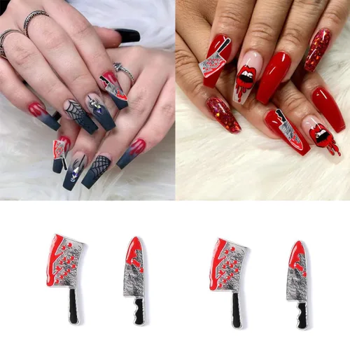 Miniatura 5 de Abalorios de aleación para uñas de Halloween, cuchillo plateado y rojo de terror, gemas de uñas con cuchillo sangriento metálico 3D, dijes de arte
