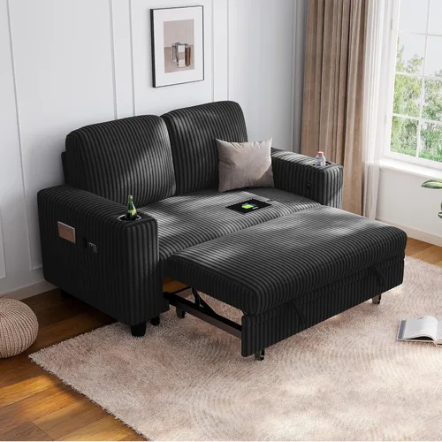 Miniatura 54 de LINSY HOME Sofá cama modular extraíble para sala de estar (beige, sofá cama 1) Sofá cama extraíble, almacenamiento, carga USB, portavasos, pana