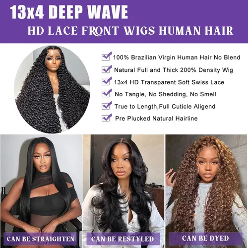 Miniatura 5 de Pelucas de cabello humano ondulado profundo con encaje frontal HD de 13 x 4 pulgadas, peluca de cabello humano rizado de densidad 200 para mujer