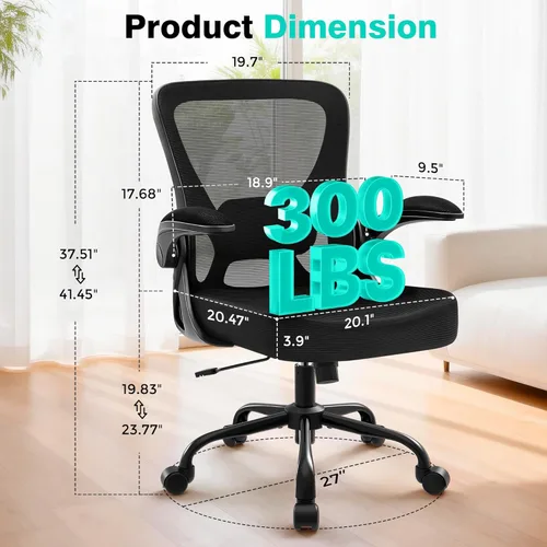 Miniatura 2 de AreShark Silla de oficina – Silla de escritorio ergonómica de malla transpirable con soporte lumbar ajustable y reposabrazos abatibles – Silla Negro